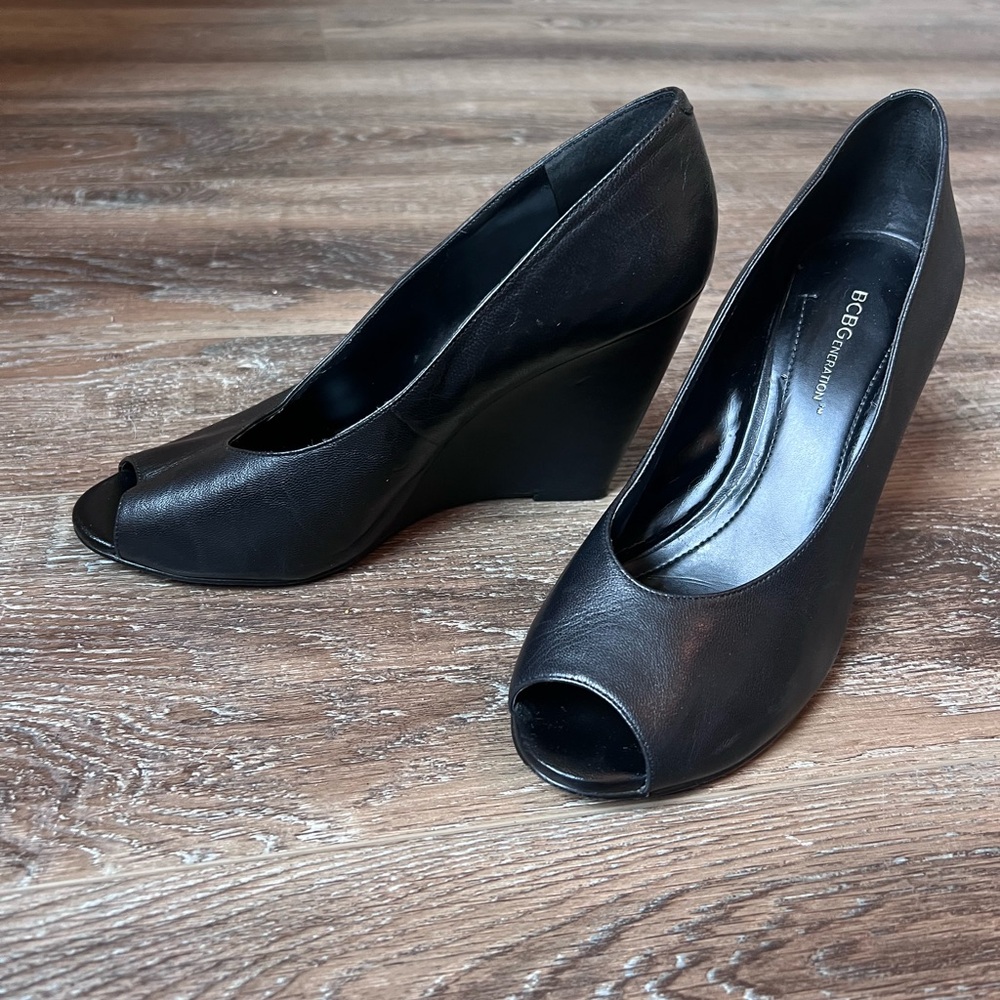BCBGeneration Black Wedge Peep Toe Shoes